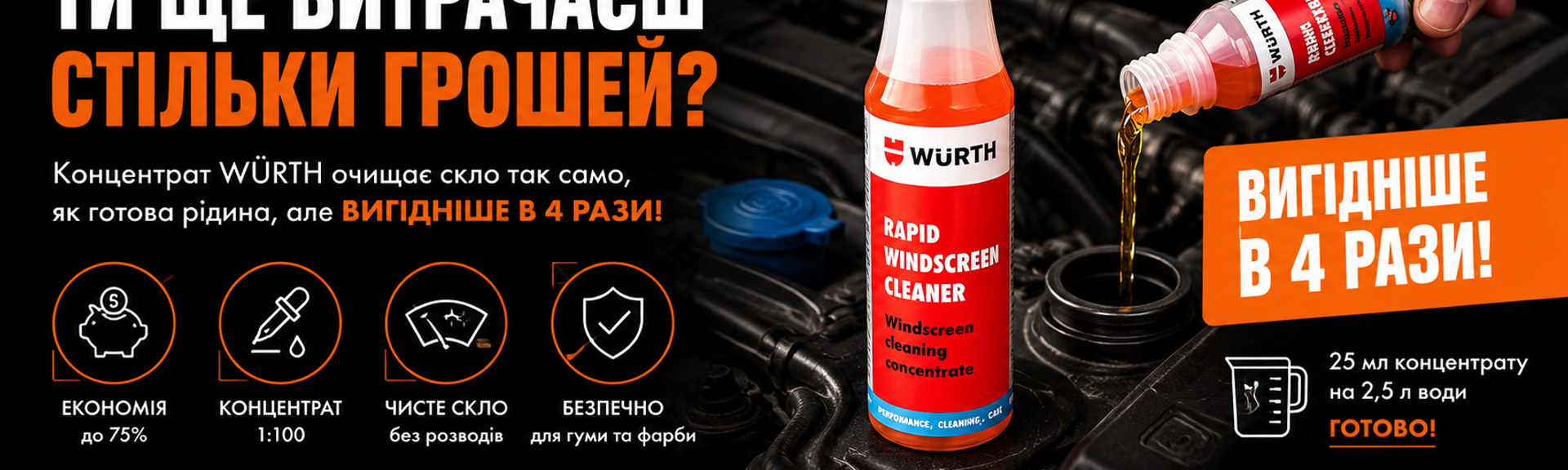 WÜRTH Rapid Windscreen Cleaner — концентрат для омивача скла, економія до 4 разів