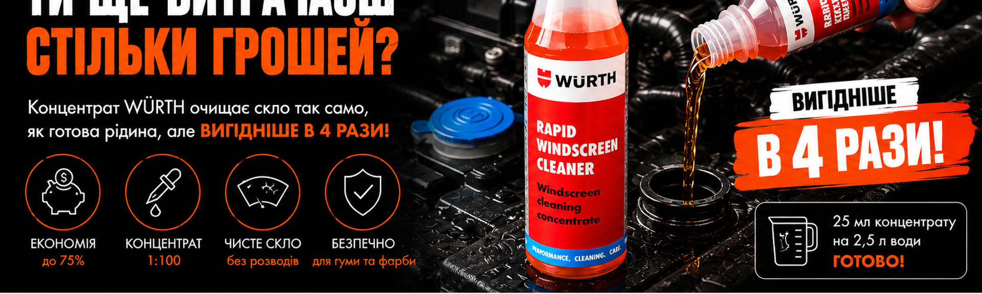 WÜRTH Rapid Windscreen Cleaner — концентрат для омивача скла, економія до 4 разів