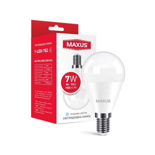 ..NEW.Лампа MAXUS LED шар G45 Е14/7W/4100К/(1-led-752) 000059432 фото